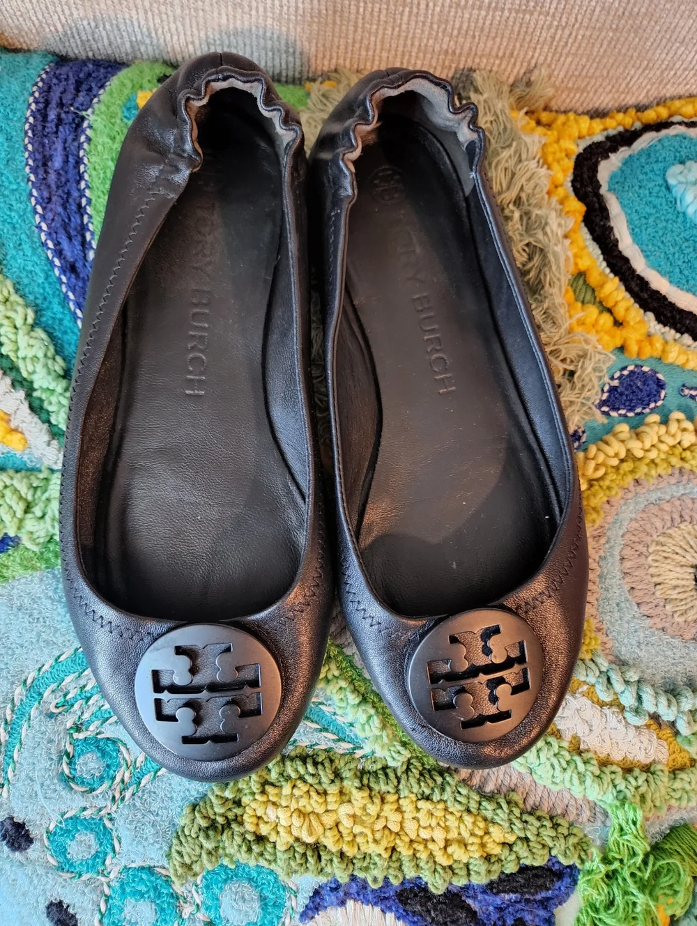 Tory Burch Black Leather Logo Ballet Flats